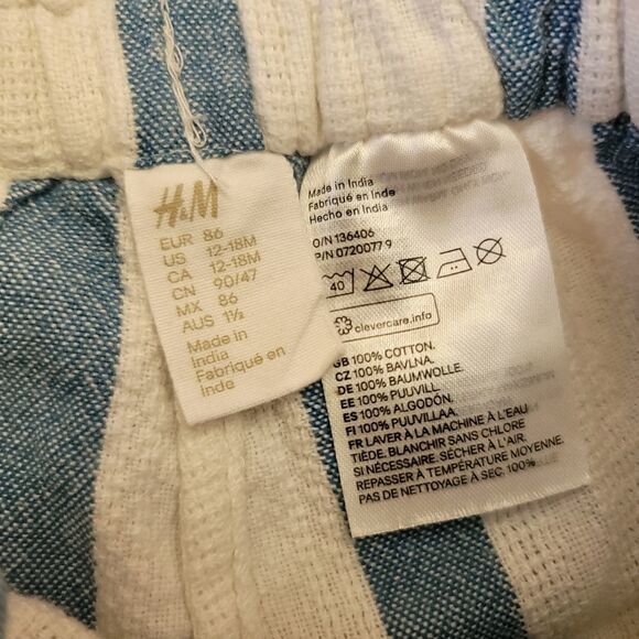 H&M 12-18 month blue white striped nautical pull on muslin shorts 100% cotton - Picture 3 of 5